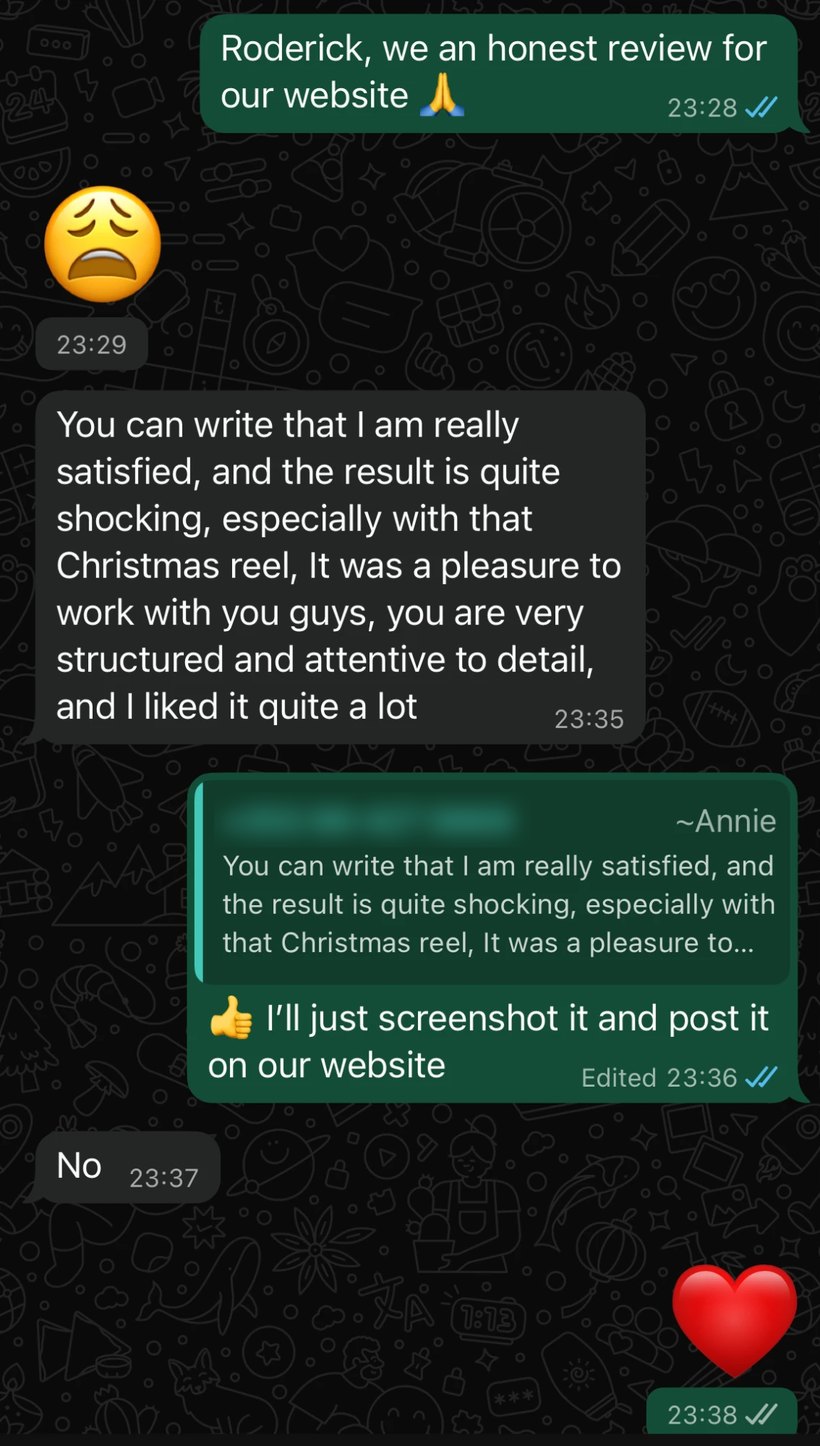 WhatsApp thread containing Roderick's review